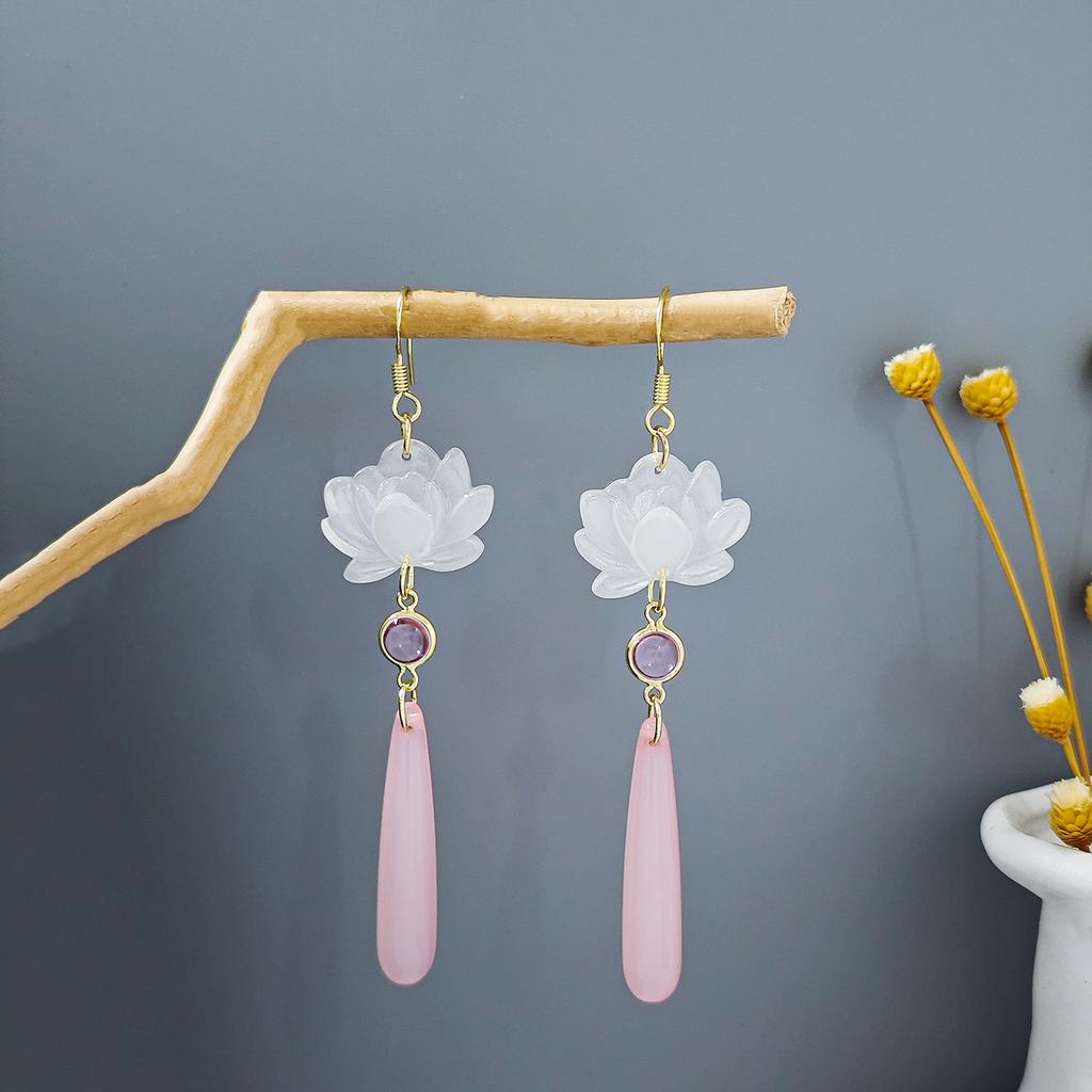 Antique Beaded Long Fringed Earrings, Chinese Hanfu Accessories, Flower Fan Bow Earrings.