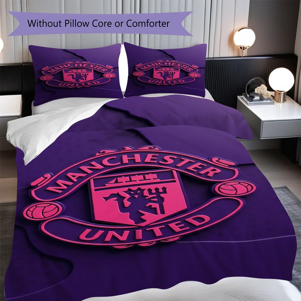 Manchester emblem purple background Bedding (1 * duvet cover + 2 * pillowcase, without core) 2D Flat Soft and comfortable Christmas birthday gift
