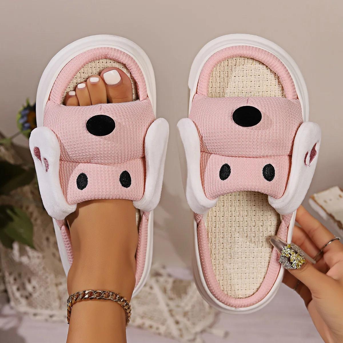 

Модные льняные тапочки с рисунком собаки из мультфильма, женские толстые подошвы, нескользящие домашние хлопковые туфли, женские удобные домашние тапочки большого размера 44-45 розовый