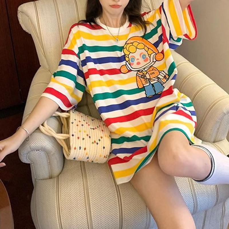 

Летняя игривая футболка с мультяшным трехмерным декором в радужную полоску, свободного кроя, с круглым вырезом и короткими рукавами, оверсайз XXL разноцветный