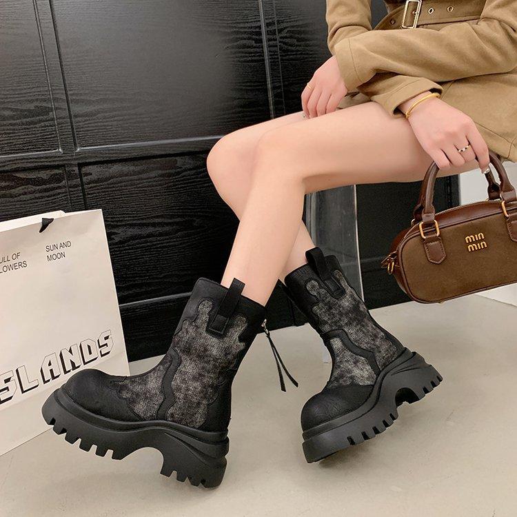 National Style 2025 Autumn New Single-layer Leather with Cloth Thick-soled Denim Fashion Explosion Martin Boots Children's Round Head Short Boots