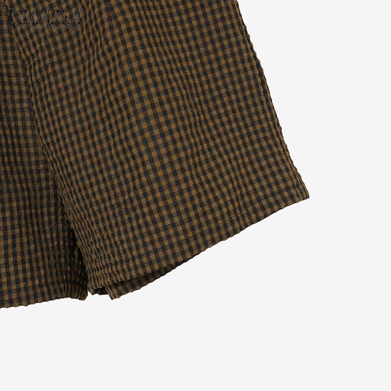 ZANZEA Women Short Sleeve Blouse and Shorts Casual Plaid Print Two Piece Sets