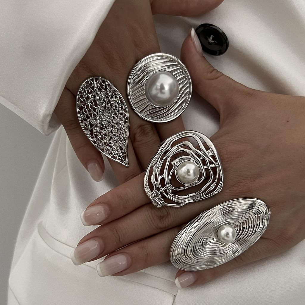 Punkové Exagerované Nepravidelné Kovové Široce Otevřené Nastavitelné Prsteny pro Ženy Imitace Perly Geometrické Prsteny na Prst Pánské Šperky