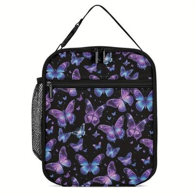 Butterfly-Themed Insulated Lunch Bag with Vibrant Purple and Blue Butterfly Print, Portable Cooler Tote for Travel and P