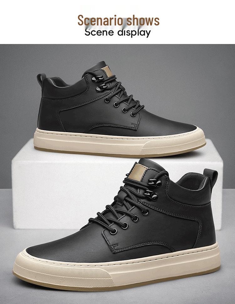 Men's Autumn Invisible Height-Boost 8cm Breathable Cowhide 6-Hole Mid-Top Shoes, British Style Sports Casual Board Sneakers