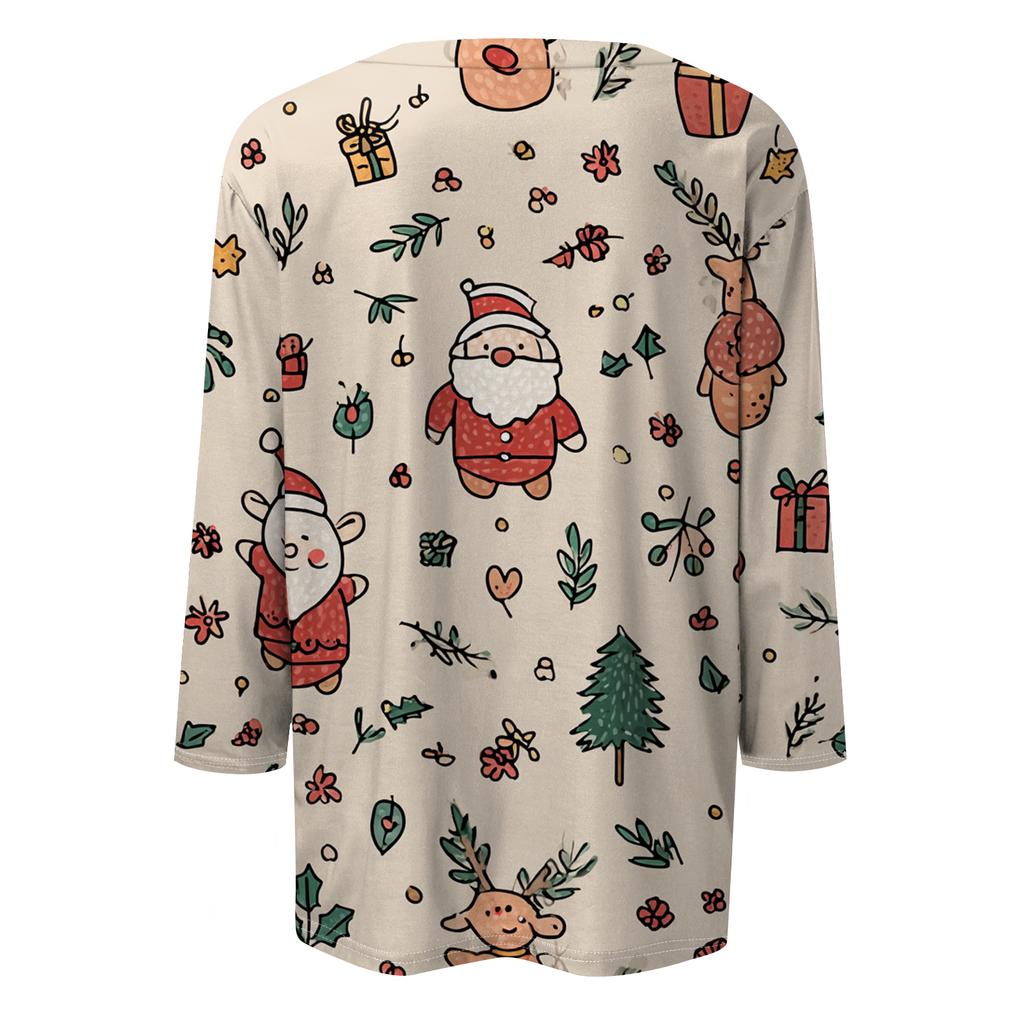 Women's Fashion Casual Round Neck Three-quarter Sleeve Christmas Print T-shirt Top