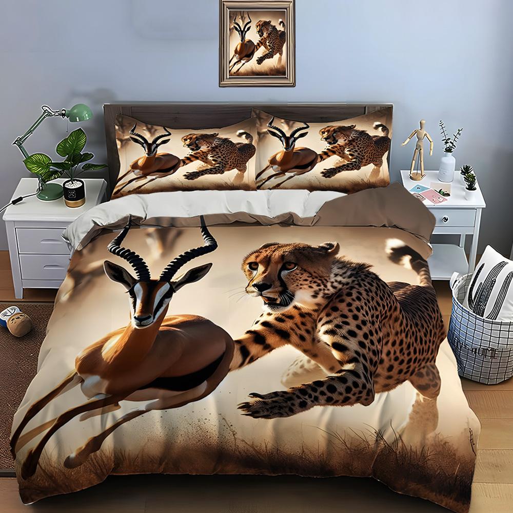 Cheetah Chasing Gazelle Action Scene Print Soft Comfortable Duvet Cover Bedding Set Included 1*Duvet Cover 2*Pillowcases