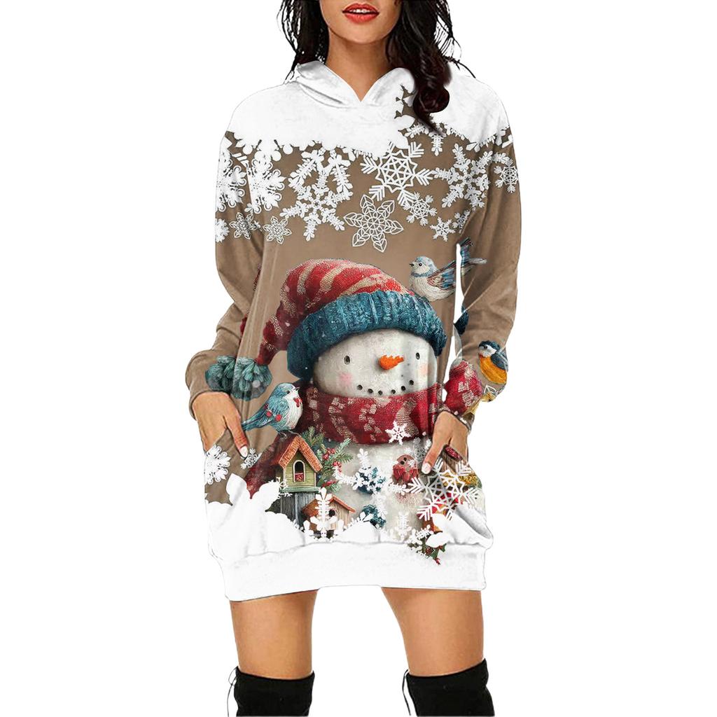 Rochie Pulover cu Glugă și Mâneci Lungi cu Buzunar și Imprimeu de Crăciun pentru Femei