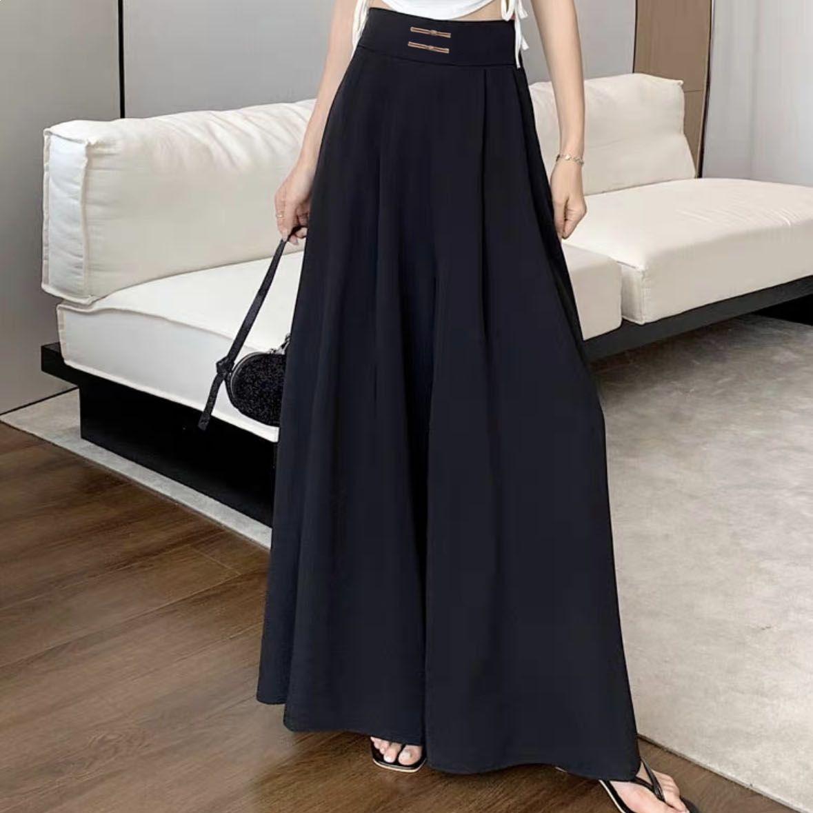 

Elegant High-Waist Pleated Wide-Leg Skirt Pants for Women - Chinese Style Frog Button, Loose Straight Fit, Perfect for Summer to Autumn Transition L (suggested 50-60 kg)