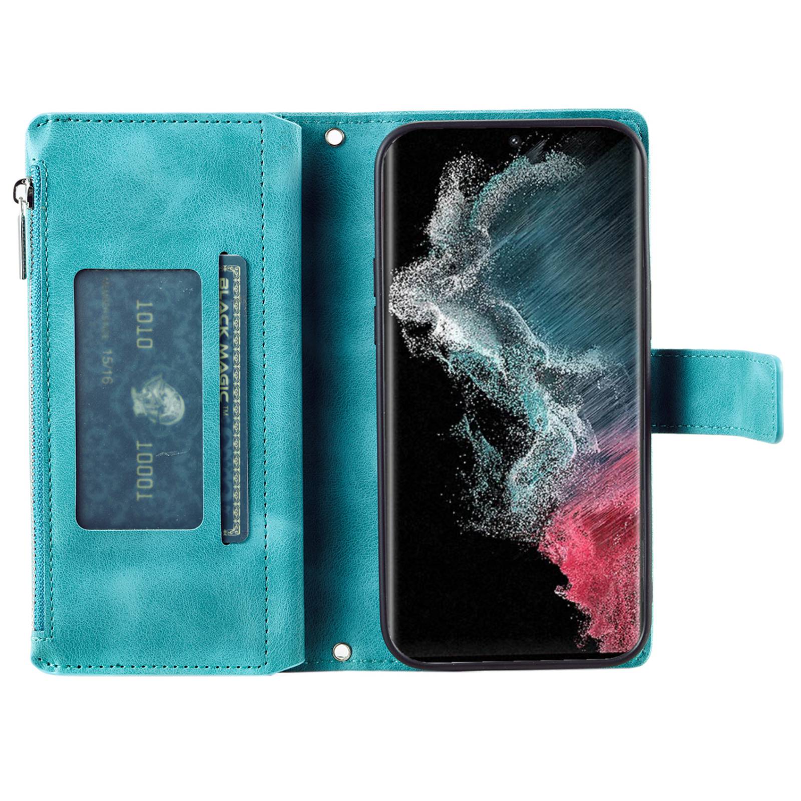 

Zipper Pocket Phone Case for Samsung Galaxy S23 Ultra,Mandala Flower Imprinted PU Leather Stand Cover Multiple Card Slots Wallet Green