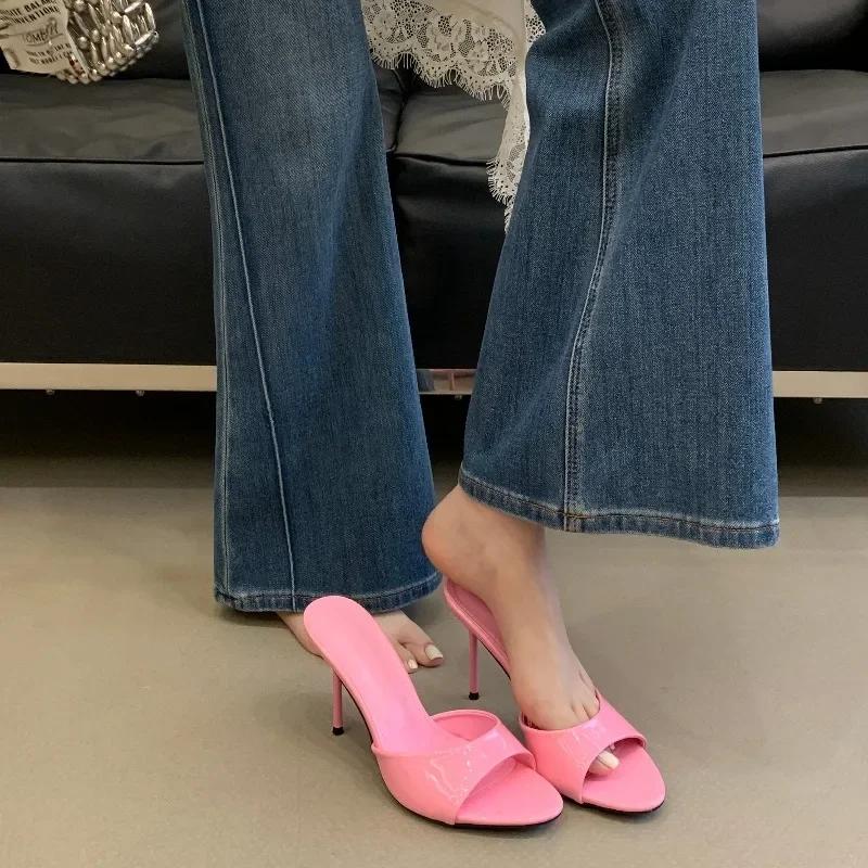 Pesstwei Summer Fashion Elegant Sexy Peep Toe Thin Heels Slipper Women Slides Stripper Party Sandal Mule Shoes Zapatos De Mujer