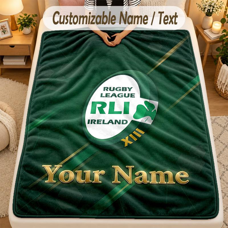 Flannel BlanketIreland Rugby Custom Name Text Personalized Soft Warm Throw Blanket Home Decor Gift