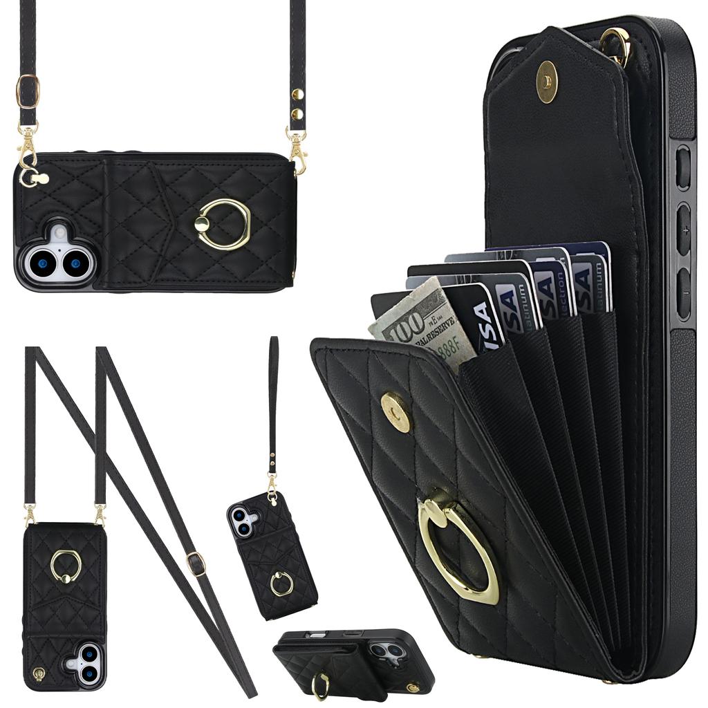 For iPhone 17 Case RFID Blocking Card Bag Leather + TPU Crossbody Phone Cover with Ring Kickstand