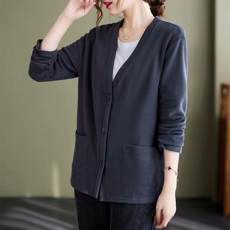 Pullover für Damen Herbst Baumwolle Gestrickt Oversize Lässige Strickjacke V-Ausschnitt Pullover Damen Knopf Locker Langarmpullover