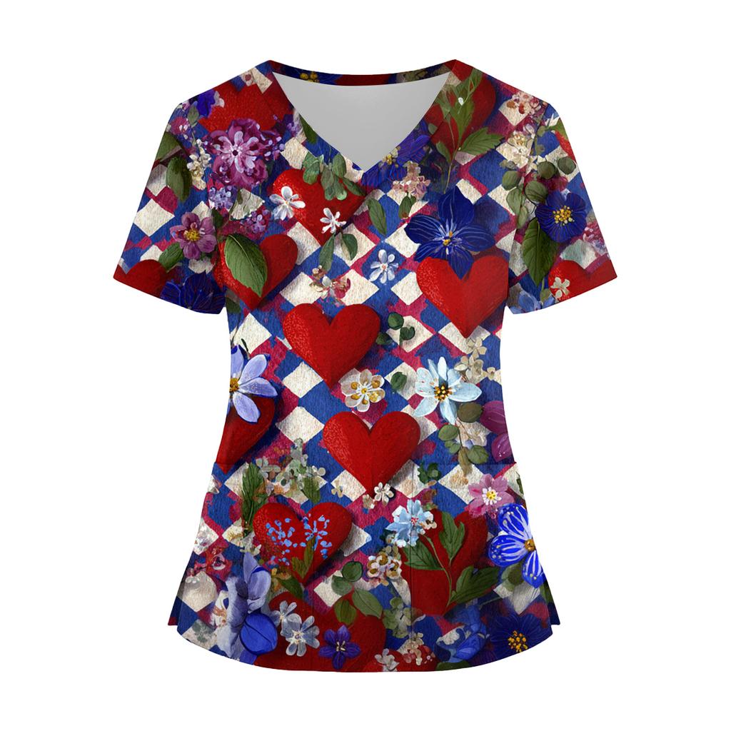 Damenmode V-Ausschnitt Kurzarm Overalls mit Taschen Print Tops Kleidung