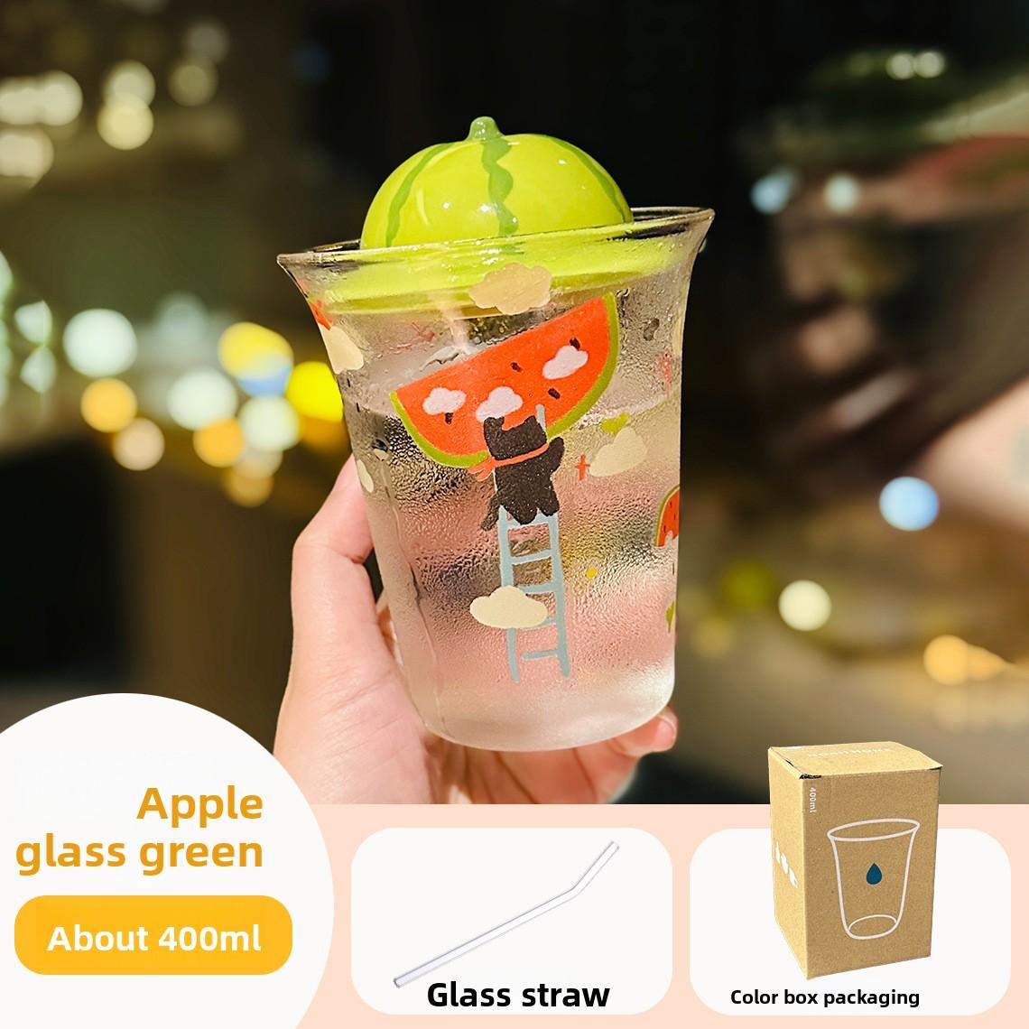 

Cartoon Apple Borosilicate Glass Mug with Lid Cute Home Fruit Straw Cup High Temperature Resistant Gift 400ml