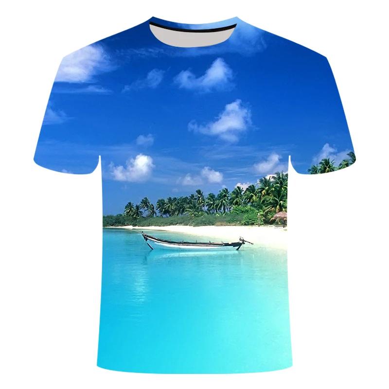 New Summer Essential Men's And Children's Shirt Palm Beach Seaview 3d Print T-shirt Casual Fashion Seaside Style Thin Top