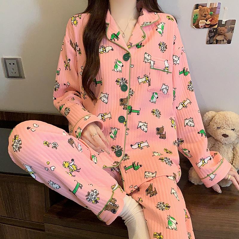 Air cotton pajamas women's autumn and winter long sleeves thickened interlayer warm stars cat student loungewear real shot