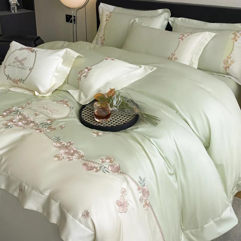 

4pcs/Set Class A Grade High-end 200s Long-staple Pure Cotton Embroidery Quilt Covers Pillowcases Sheet Bedding Set 1.5m- 4pcs бирюзовый