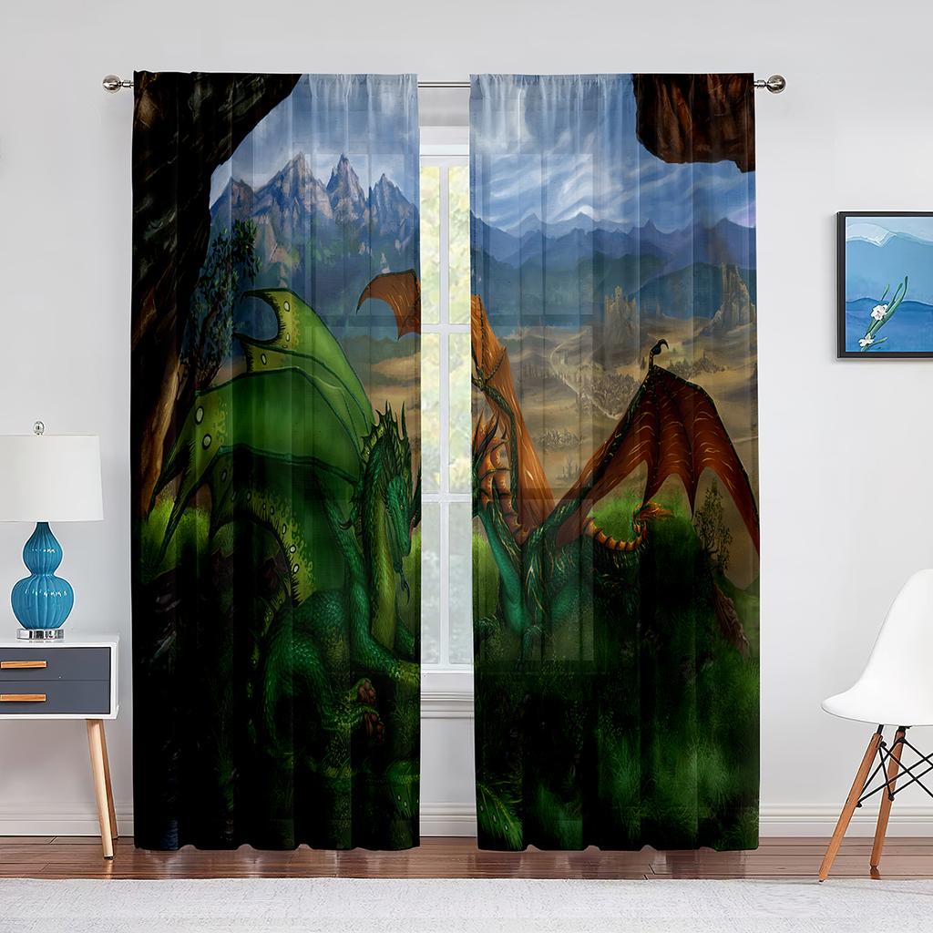 Two Golden Dragon On Red Background Sheer Voile Curtain for Living Room Bedroom Kitchen Transparent Tulle Curtain Window Drape