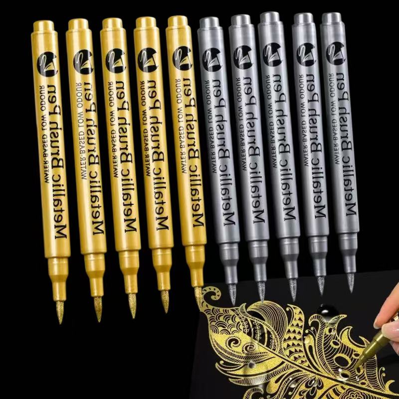 Set of 5 Metallic Glitter Markers in Golden and Silver Colors, Perfect for Creating DIY Photo Albums, Decorating Black Cards, Ma