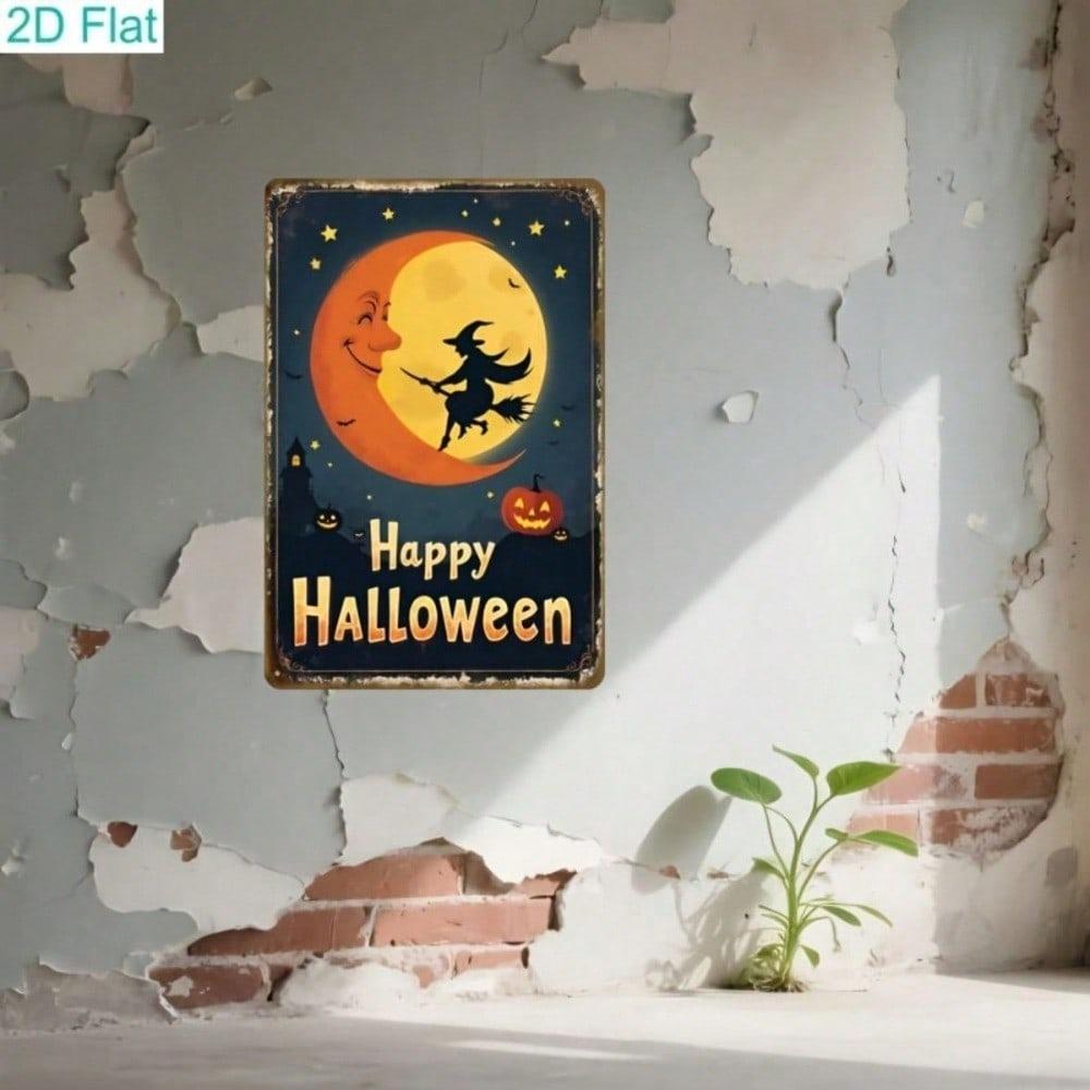 Halloween Witch Flying Vintage Moon Pumpkin Metal Sign Retro 2D Flat Wall Art for Home Bar Garage Man Cave Party Decor