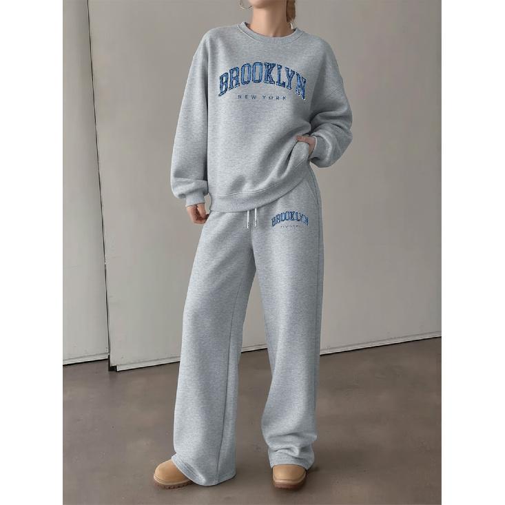 Bedrucktes Damen-2-Teile-Set: Rundhals-Sweatshirt & Hose mit Kordelzug und geradem Bein, Herbst/Winter Loungewear