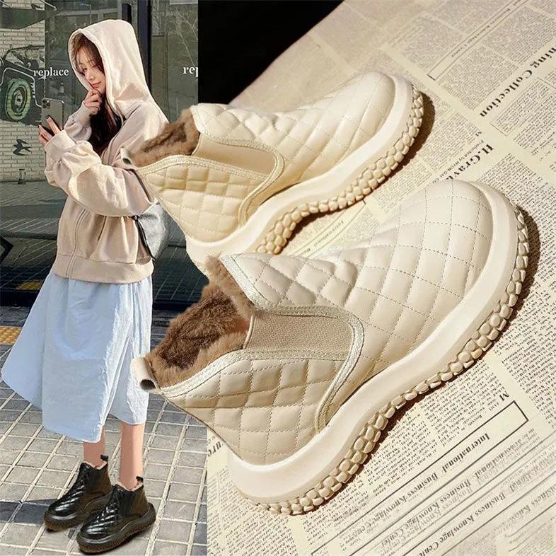 Milk Huhu Thick-soled White Shoes, Snow Boots, Women's Plus Velvet Thickened Autumn and Winter Cotton Shoes, Waterproof, Non-slip and Warm