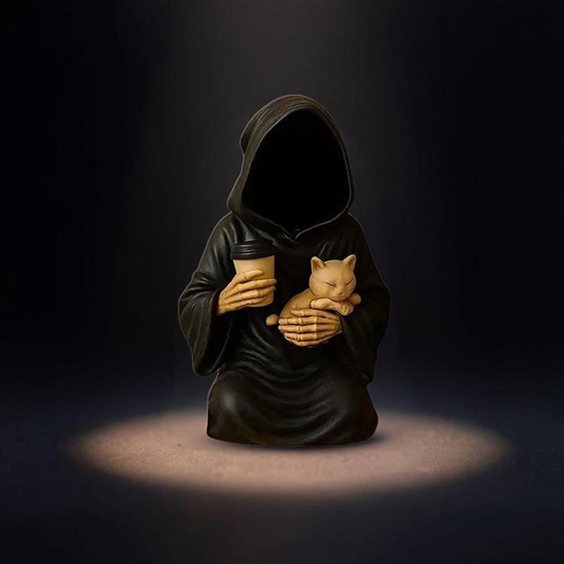 Gothic Emotional Support Figurine Grim Reaper Statue Halloween Decoration Holding Coffee & Cat Resin Desktop Ornament
