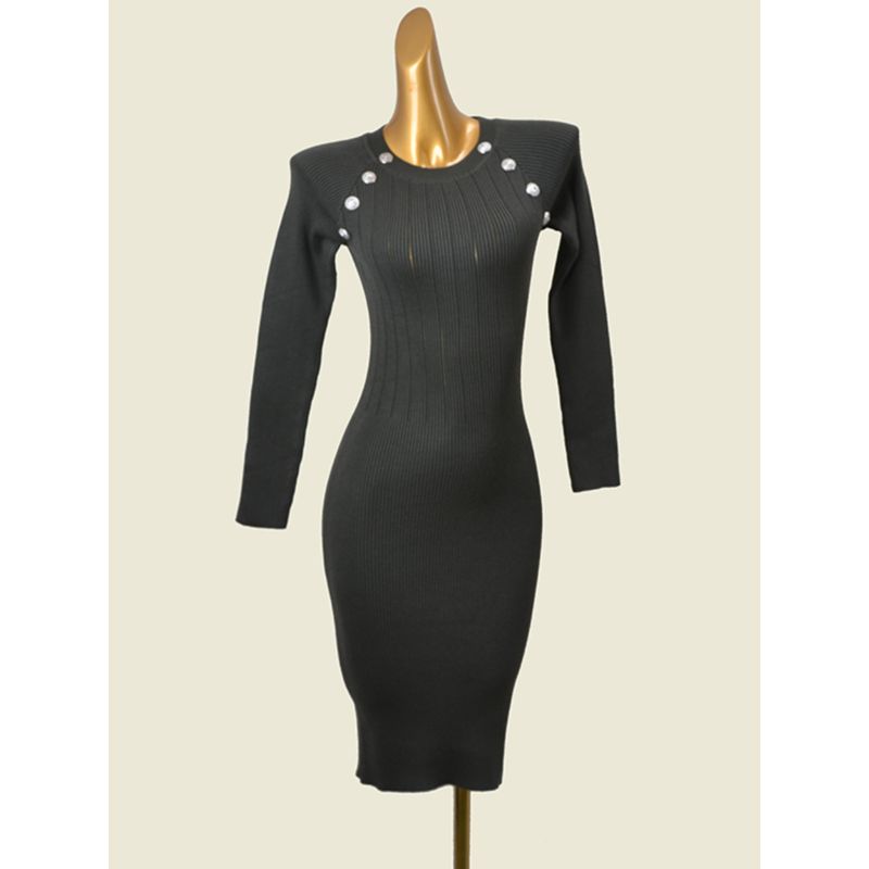 Fashion Style Metal Buckle Sunken Stripe Silm Long Sleeves Knitting Dress Autumn Sexy Sheath Bottom Long Dress