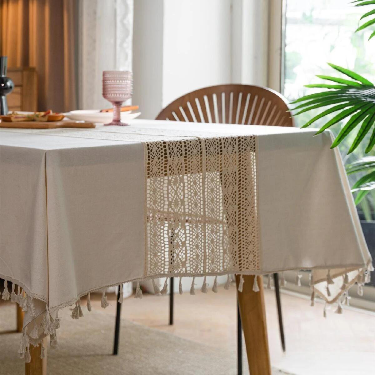 1pc Bohemian Beige Linen Blend Tablecloth with Hand-Crocheted Mosaic Hollow-Out Design Square Table Cloth Manteles Para Fiesta 140x100cm