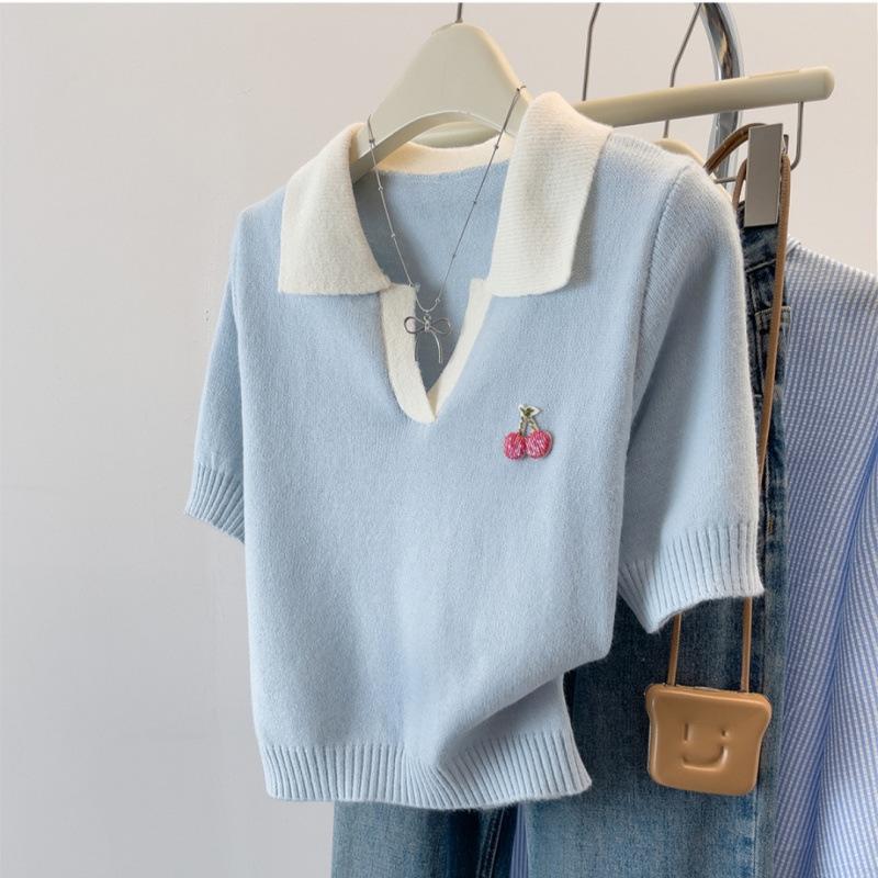 

Contrasting color lapel short-sleeved T-shirt women s summer new thin ice silk knitted sweater short top One size fits all синій