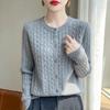 Women Round Neck Cable Knit Cardigan Button Front Long Sleeve Soft Fuzzy Twist Knitted Loose Casual Fall Outerwear Sweater