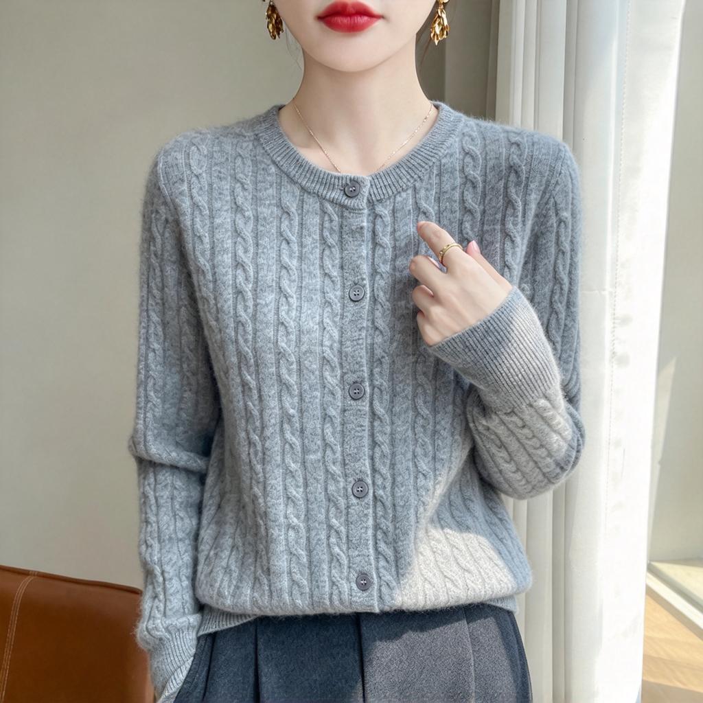 Women Round Neck Cable Knit Cardigan Button Front Long Sleeve Soft Fuzzy Twist Knitted Loose Casual Fall Outerwear Sweater