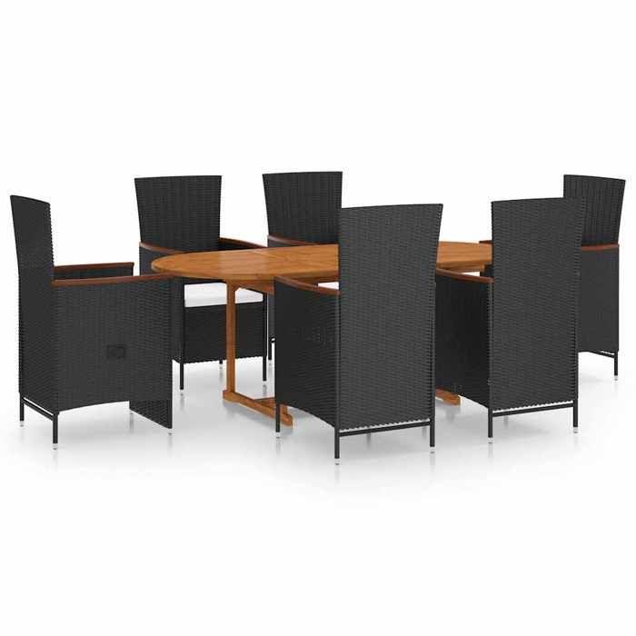 Ensemble de jardin - MAISON EXCLUSIVE - 7 pièces - Résine tressée noire - Table acacia huilée - 6 personnes, dossier inclinable