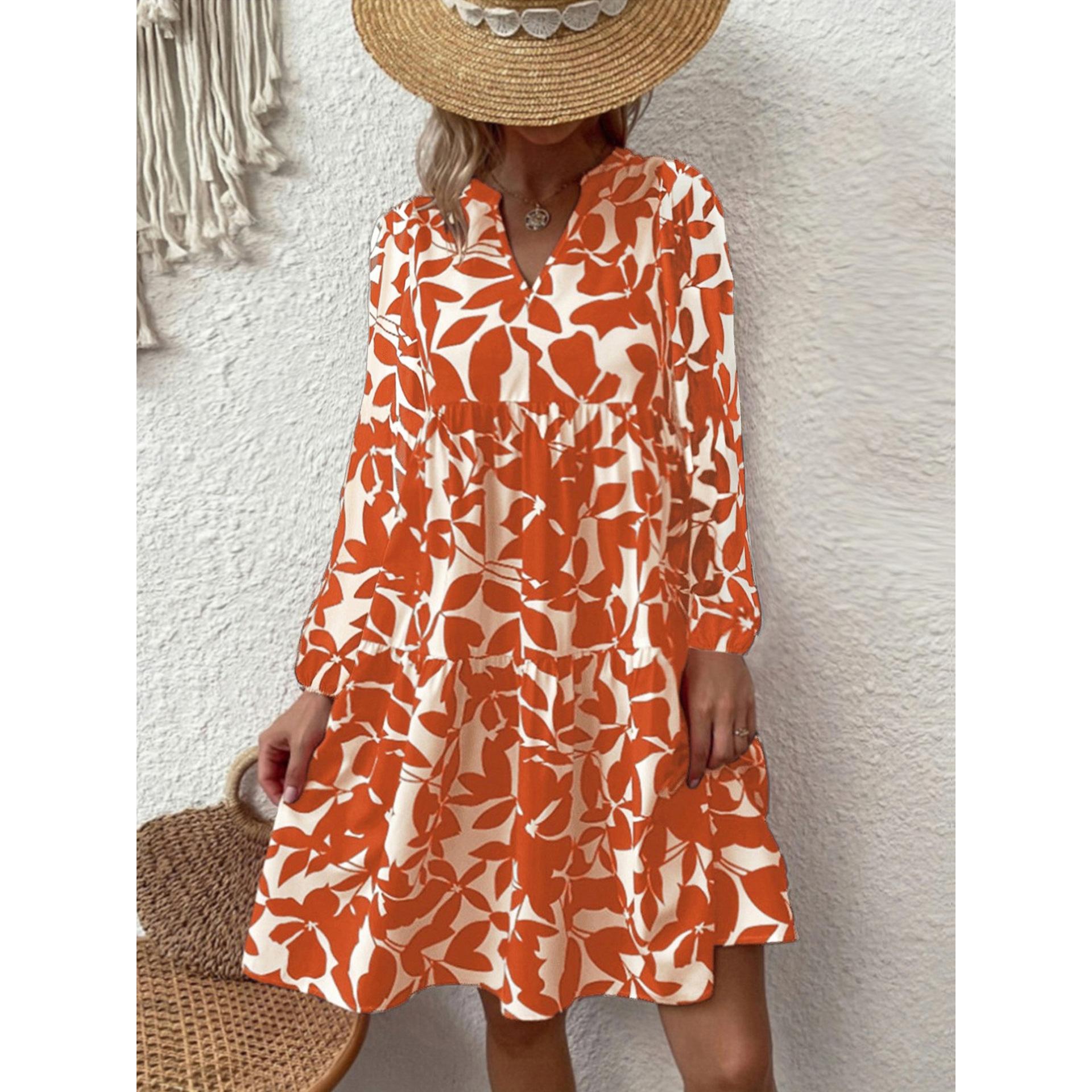 

Женское богемное модное свободное платье с длинным рукавом и v-образным вырезом, плиссированное платье с принтом XL оранжевый