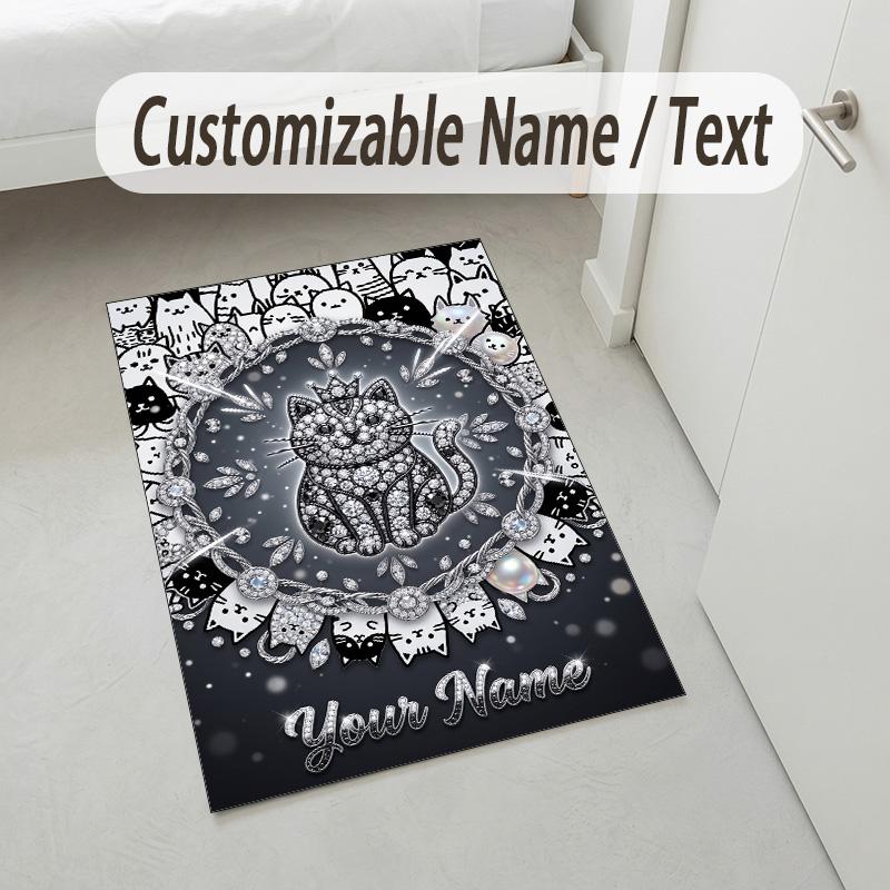 Cat Theme Crystal Velvet Rug Personalized Custom Name Text Soft Floor Mat Home Decor
