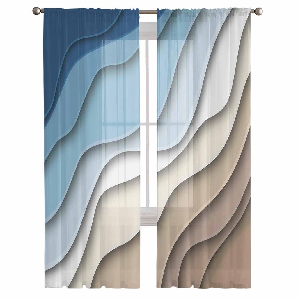 Blue Brown Gradient Geometric Abstract Sheer Window Curtains For Living Room Kitchen Children Bedroom Voile Hanging Curtain