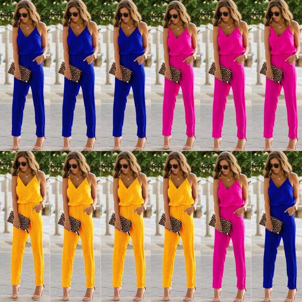 Eleganter Damen-Jumpsuit mit Spaghettiträgern, weitem Bein und V-Ausschnitt