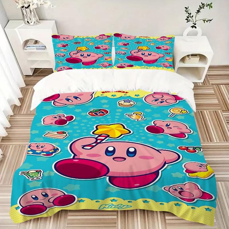 3pcs Bedding Set Birthday Kirby Includes 1 Comforter + 2 Pillowcases, Without Pillow Inserts, Soft Comfortable, Lightweight Breathable, Prin