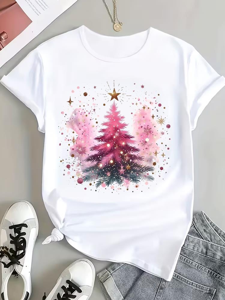 (Asian Size) Watercolor Tree Tee Top Print Christmas New Year Clothing T Shirt Women Fashion Festival Female Woman Short Sleeve Graphic T-shirts