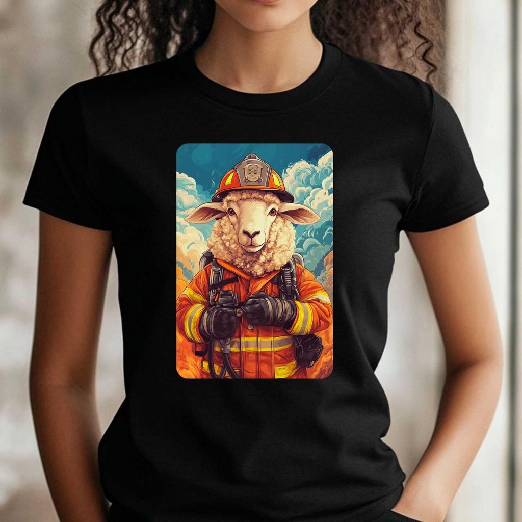 T-Shirt Frauen Schaf als Feuerwehrmann Motiv Baumwolle Größe XS bis 3XLWird in neuem Fenster oder Tab geöffnet
