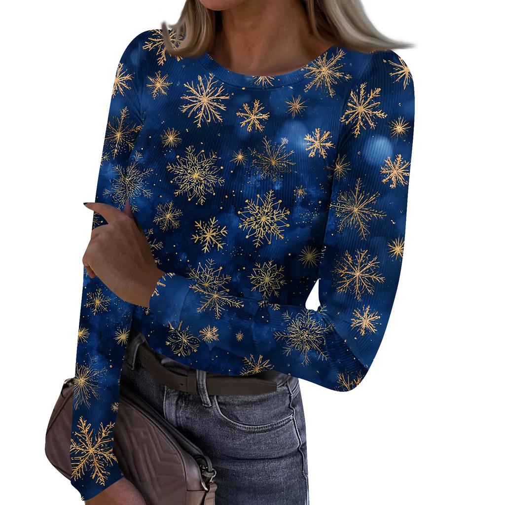 Women's Fashion Slim-Fit Round Neck Base Layer T-Shirt Christmas Print Long-Sleeved Top