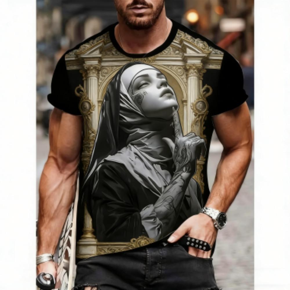 

Europe America Letter Nun Print Men s T-Shirts Fashion Street Short-Sleeve Outdoor Casual Tops Men s and Women s Tees Top XXS