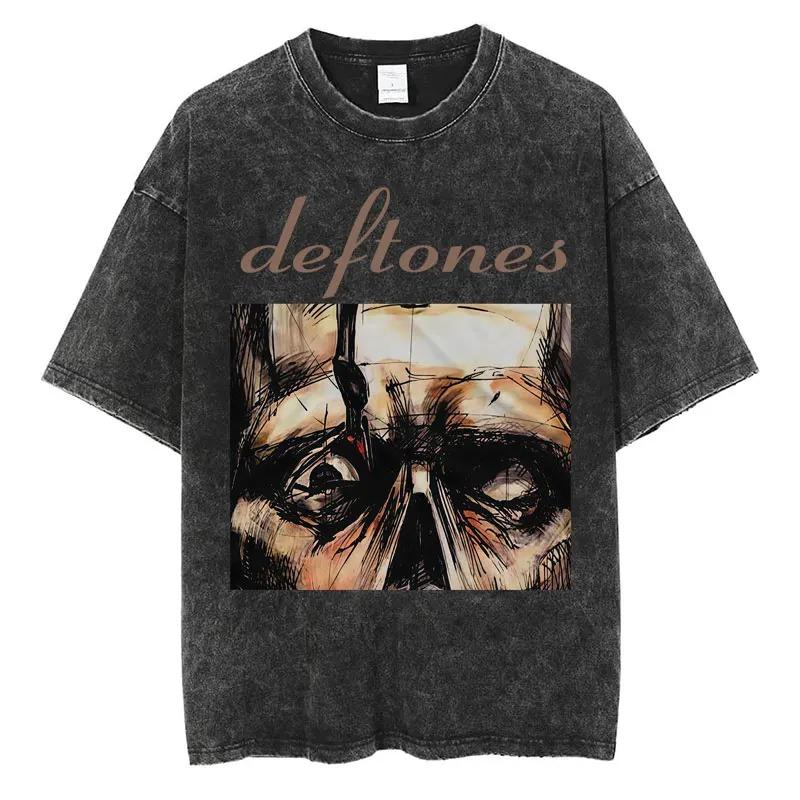 Deftones Dripping Skull Rissiges Logo Doppelseitiges Vintage-Waschung Übergroßes T-Shirt, Unisex Alternative Metal Fan Streetwear Tee, 100% Baumwolle Lässig