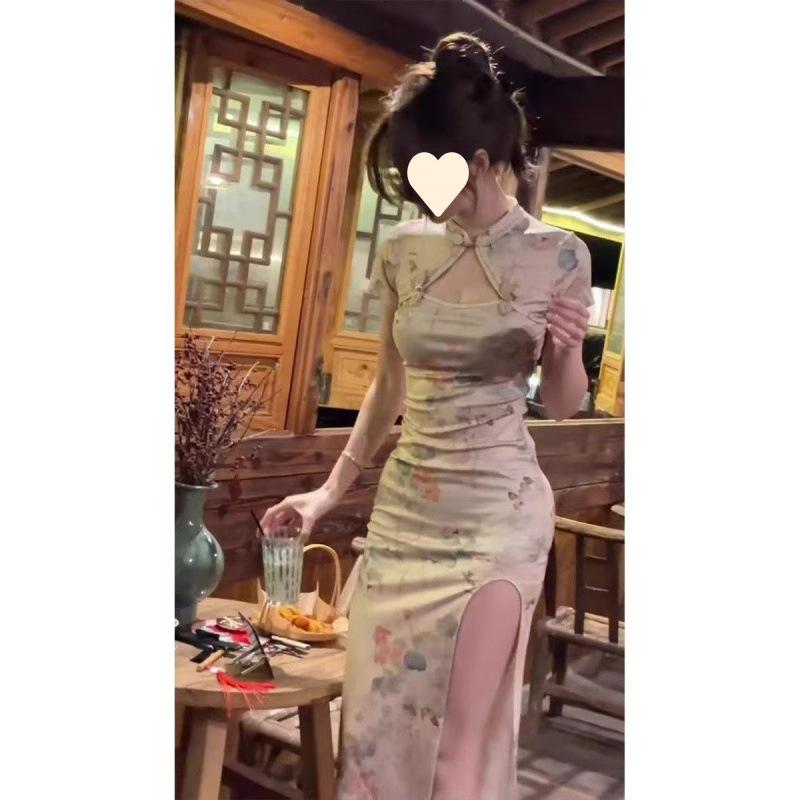 Cheongsam Shortsleeved Dress Women's Summer Pure Desire Sexy Tight Hipwrapped Split Midlength Dress