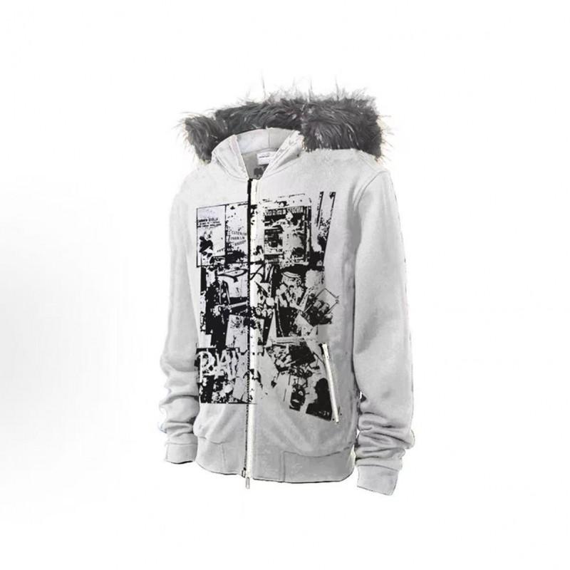 Womens Oversized Hooded Zip-Up Sweatshirt With Faux Fur Trim Thick Fleece-Lined Winter Streetwear Top