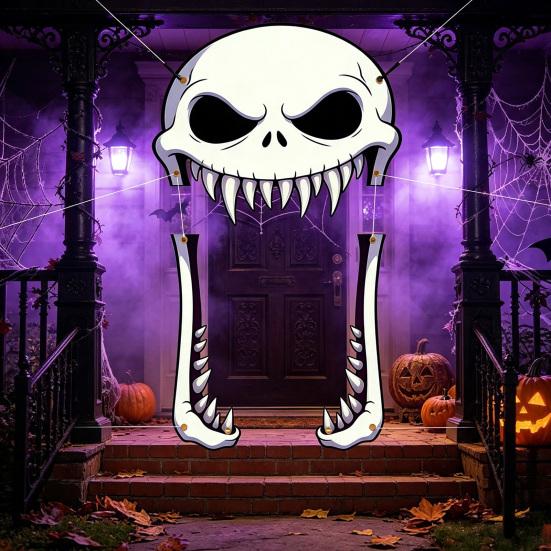 Front Door Background Decor Halloween Giant Skull Banner, Spooky Skeleton Porch Hanging Creative Scary Entrance Banners for Yard, Outdoor Party