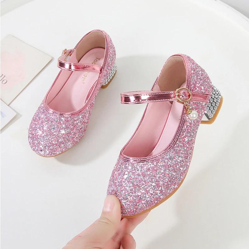 Princess Girls High Heels Spring Autumn Children Wedding Dress Leather Shoes Causal Versatile Glitter Sequins Kids Single Shoes