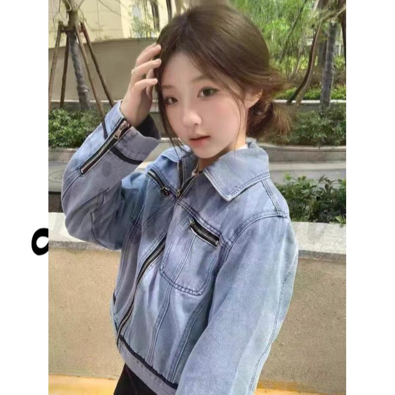 

Женская ретро джинсовая куртка на молнии с многослойностью: Стиль знаменитости M светло-синий